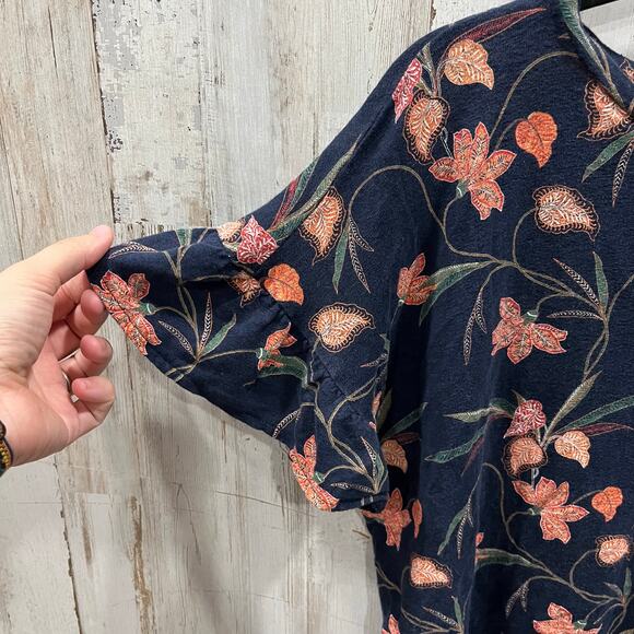 Loft Navy Floral 100% Linen Ruffle Sleeve Shirt Blouse Womens Small - Picture 2 of 8
